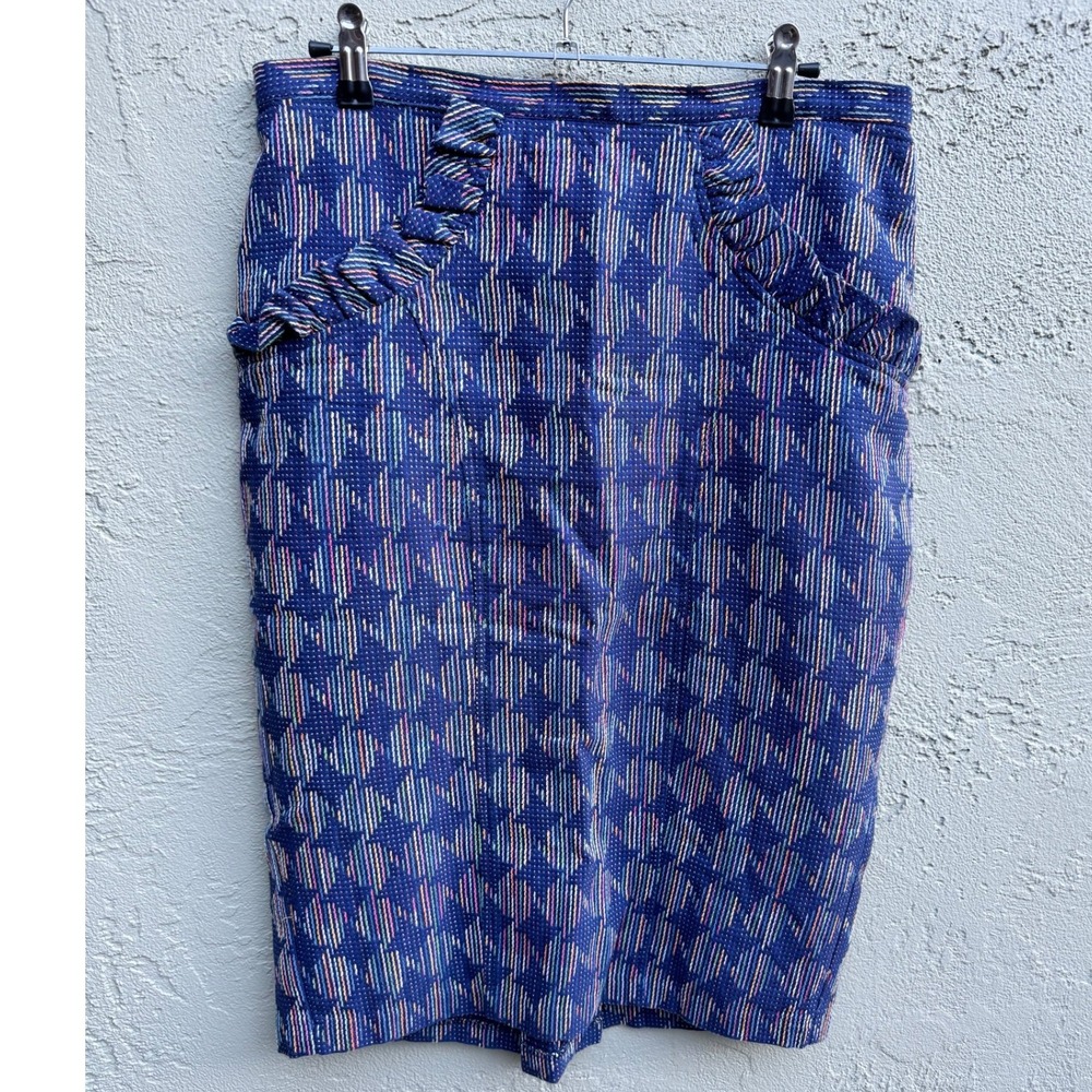 Anthropologie Eva Franco Textured Navy Academia Preppy Multi Pencil Skirt Ruffle